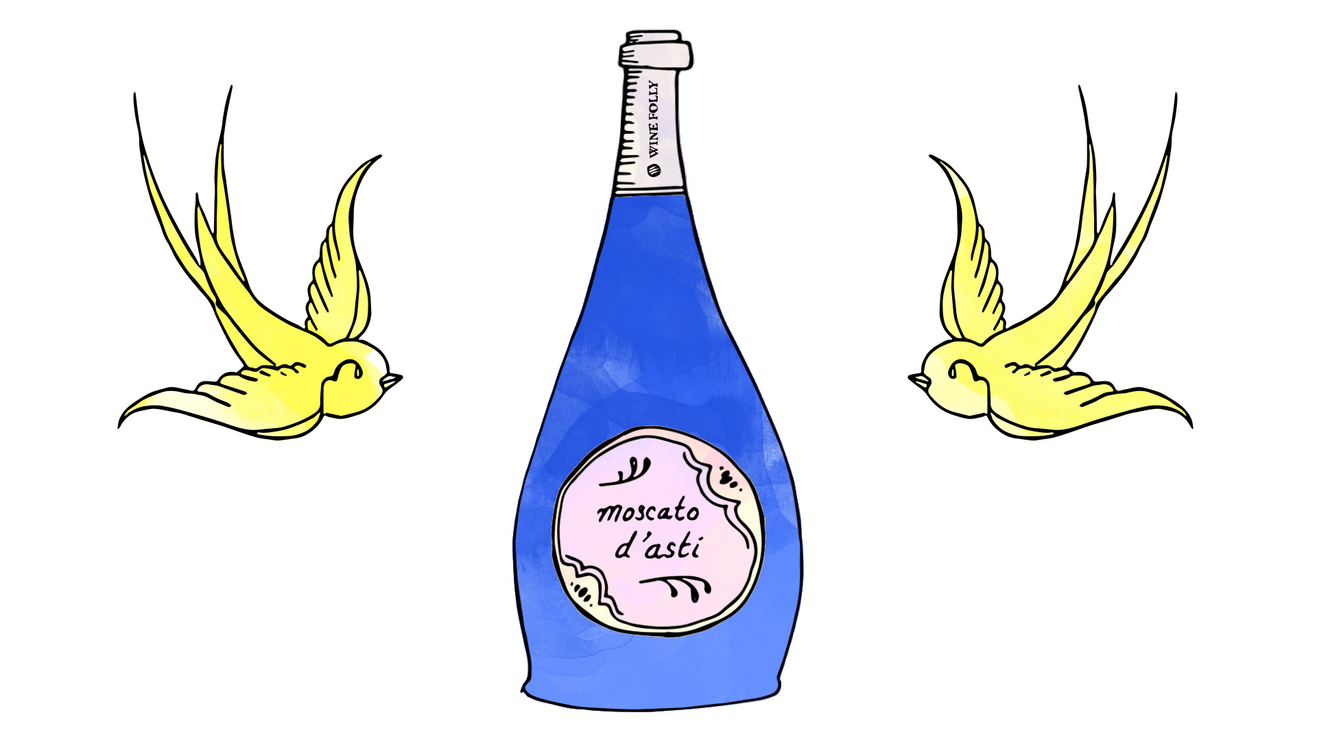 Moscato d'Asti Blue Bottle Illustration with Sparrow Tattoo by Wine Folly.
