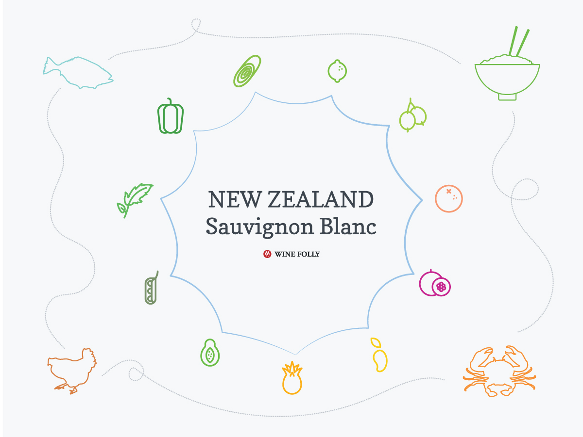 New Zealand Sauvignon Blanc taste and food pairing. image by Wine Folly